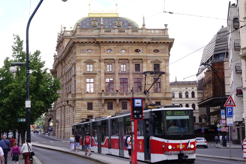 New trams with old buildings in Prague