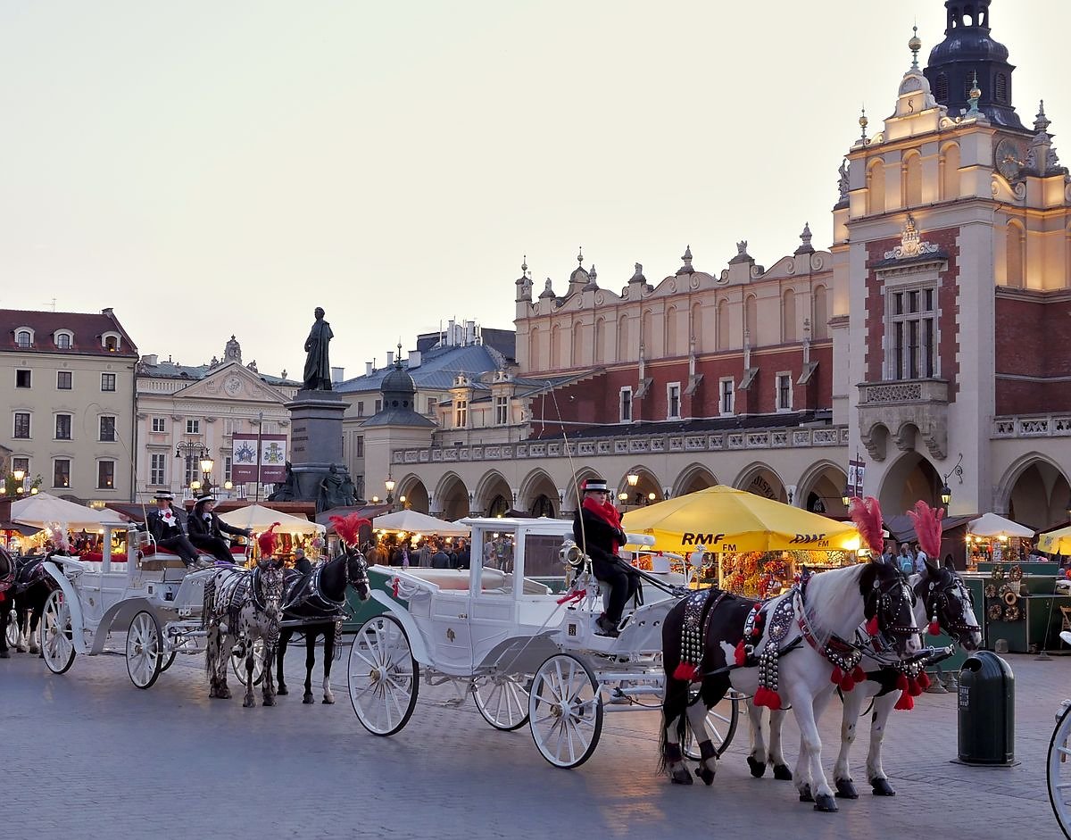 Horse carriages at Krakow market square