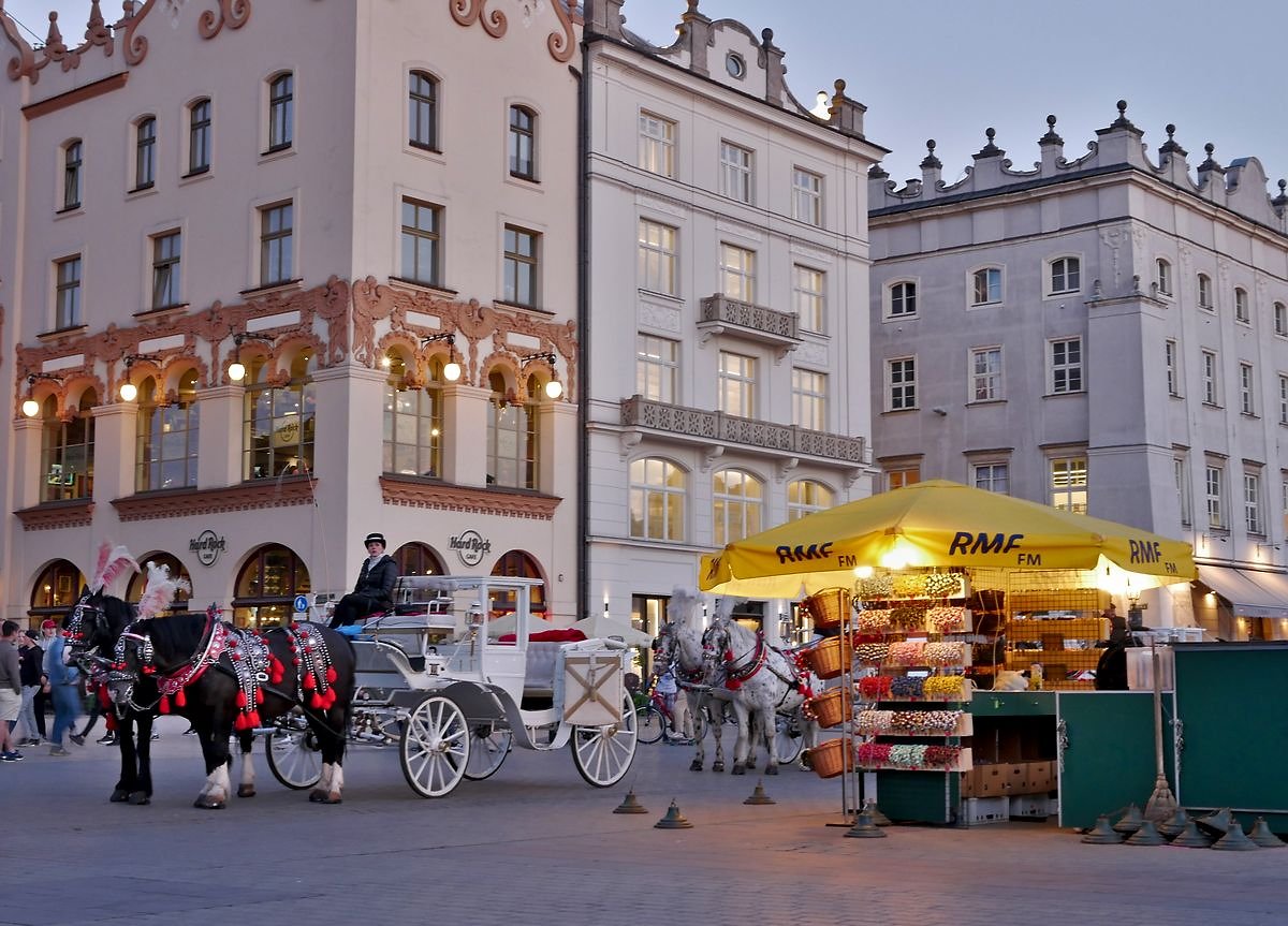 Horse carriages at Krakow market square